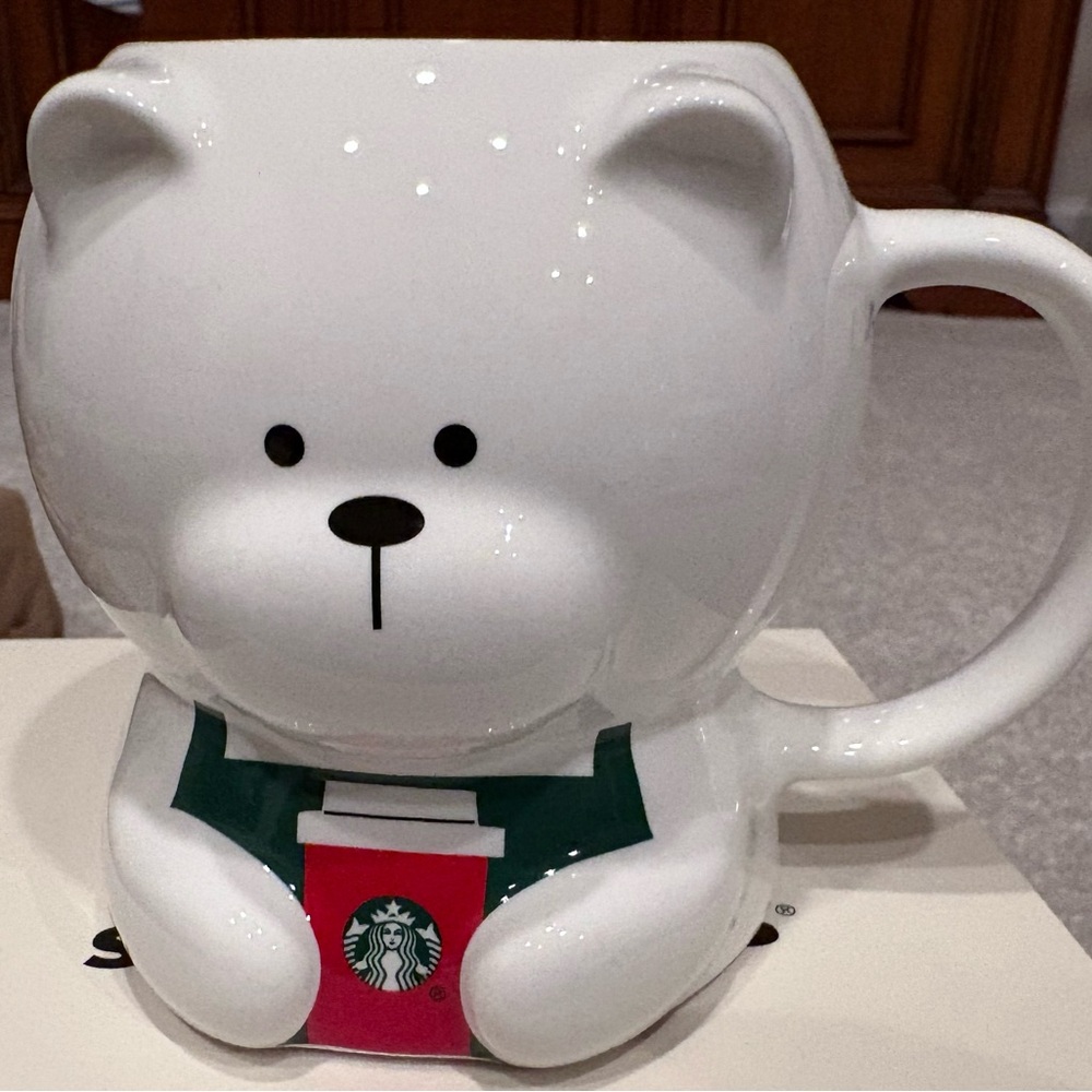 NEW Starbucks 2025 Holiday White Bear Mug with Green Apron and Red Cup - Picture 2 of 2